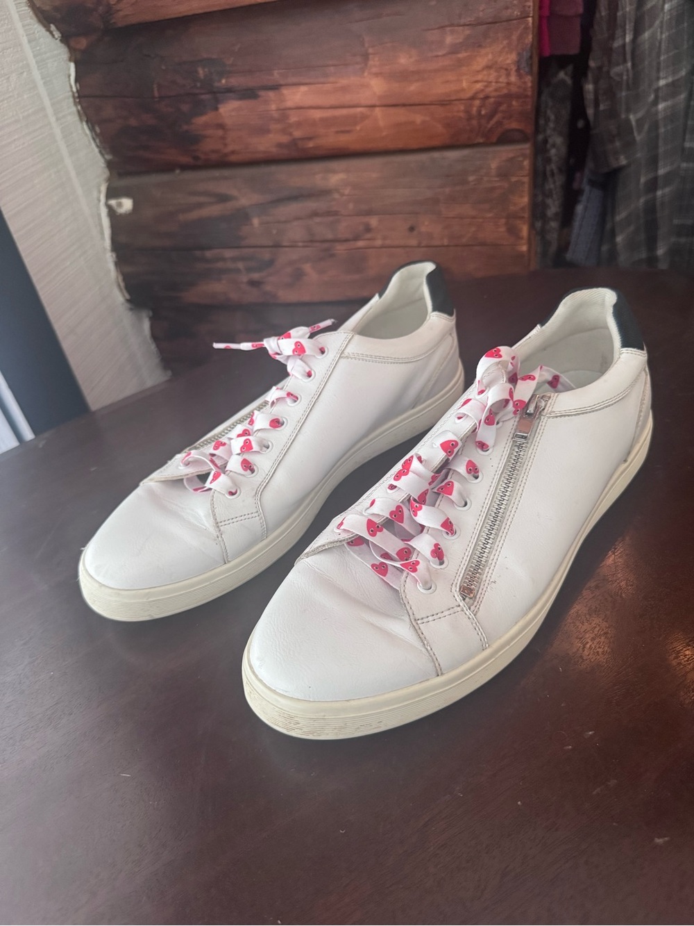 Aldo size 11 White Leather Sneakers with Pink Heart Laces